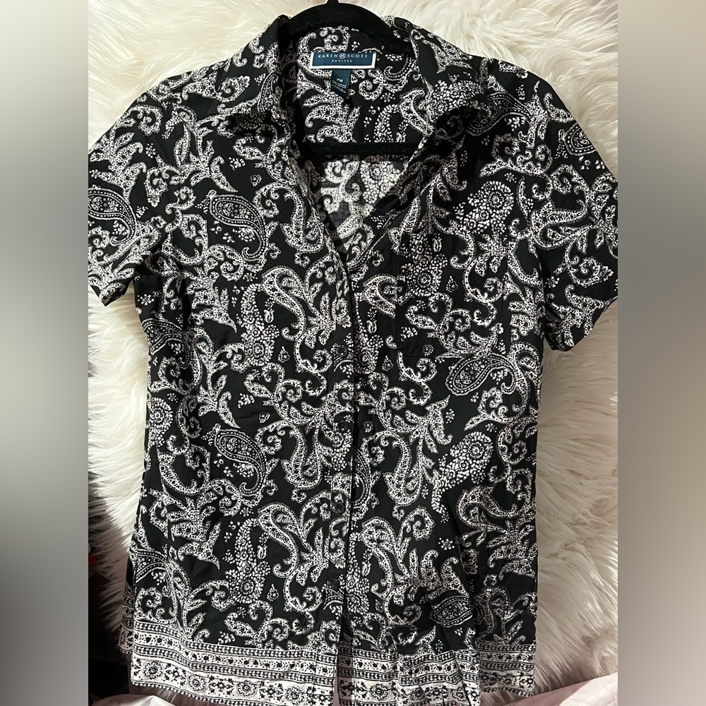 Karen Scott Black and White Paisley Shirt